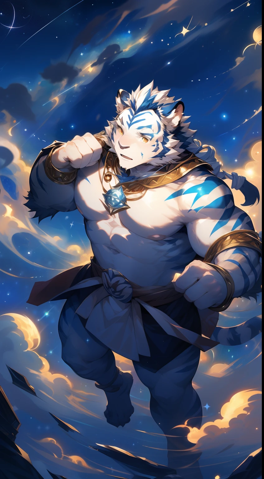 (by null-ghost, by thebigslick, By Darkgem, by Honovy), Kogenta (Onmyoji Oyamaji Temple), high-definition photograph, Perfect ???????, Anthropomorphic white tiger, male people, 20yr old, Deities, Light blue stripes, Strong body, large pecs, Pink milk clusters, medium bulge, He levitates in the clouds, Wear a white loose skirt, Divine brilliance, one arm raised, Unleash magic，(Starry sky at night:1.5), Mysterious Expression, Be red in the face, Golden pupils, Look up at the sky, Gold ornaments, Clear facial features, Strong, Solo, fog atmosphere, Clouds, upper sky, meteor shower, extreme light, From above