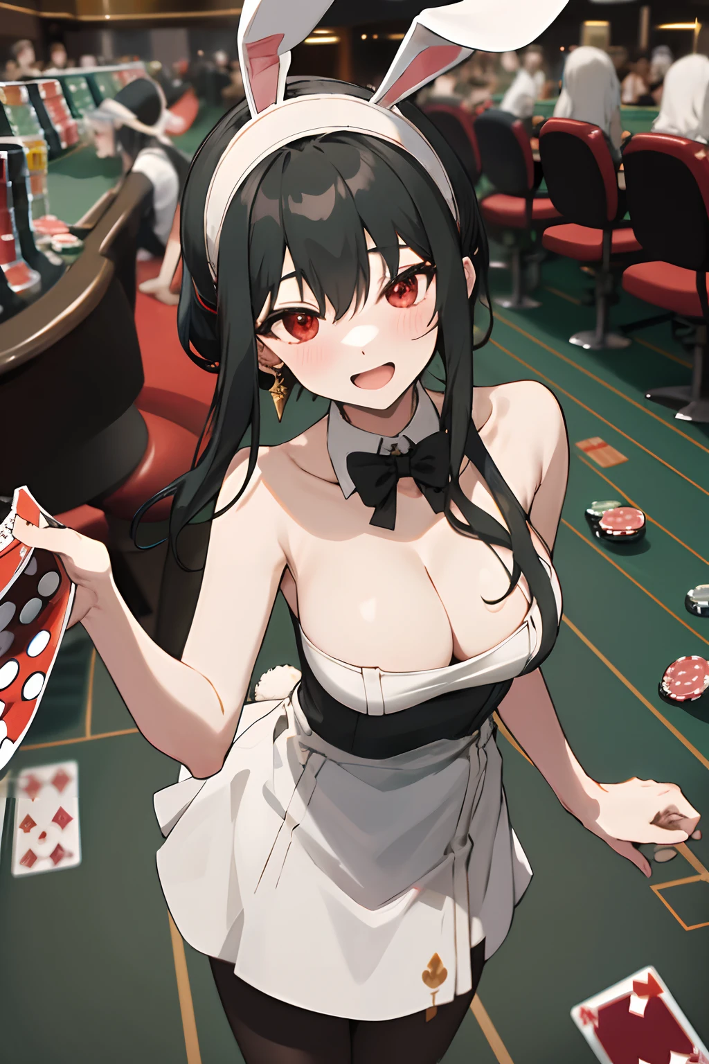 masterpiece, best quality, highres, bbyorf, short hair with long locks, white hairband, red eyes, gold earrings, large breasts, jewelry, casino, standing cowboy shot, smile, open mouth, bunny suit, bunny ears, leaned forward, cleavage, blush, sleeveless, tights, black hair, from above, tables, (waitress), ((people gambling)), cards, (in between tables), (tray), ((cramped space))