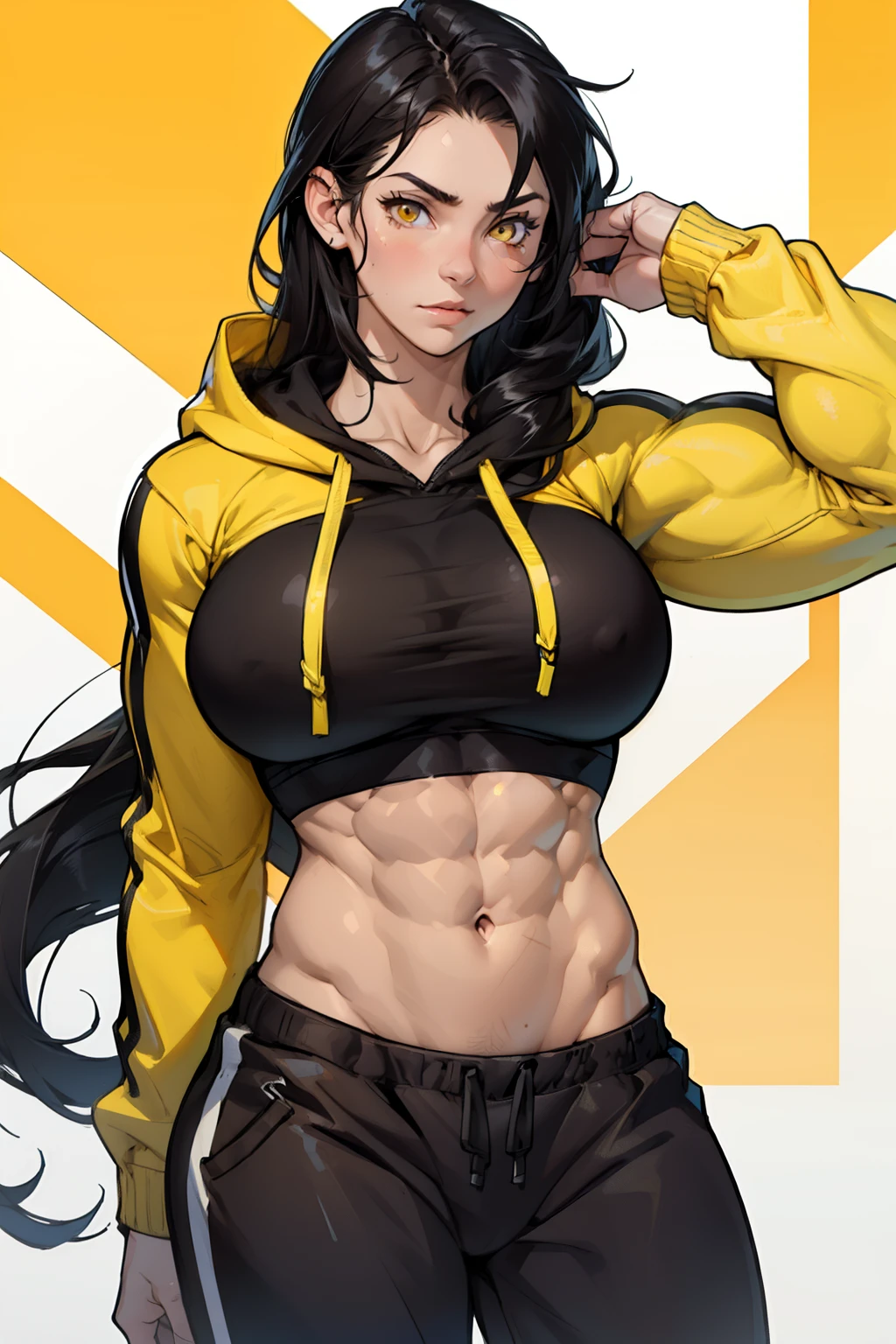 ((((((muscular 1 girl)))))), huge breasts, toned body, black hair, pale skin, yellow eyes, very long hair hoodie sweatpants, navel