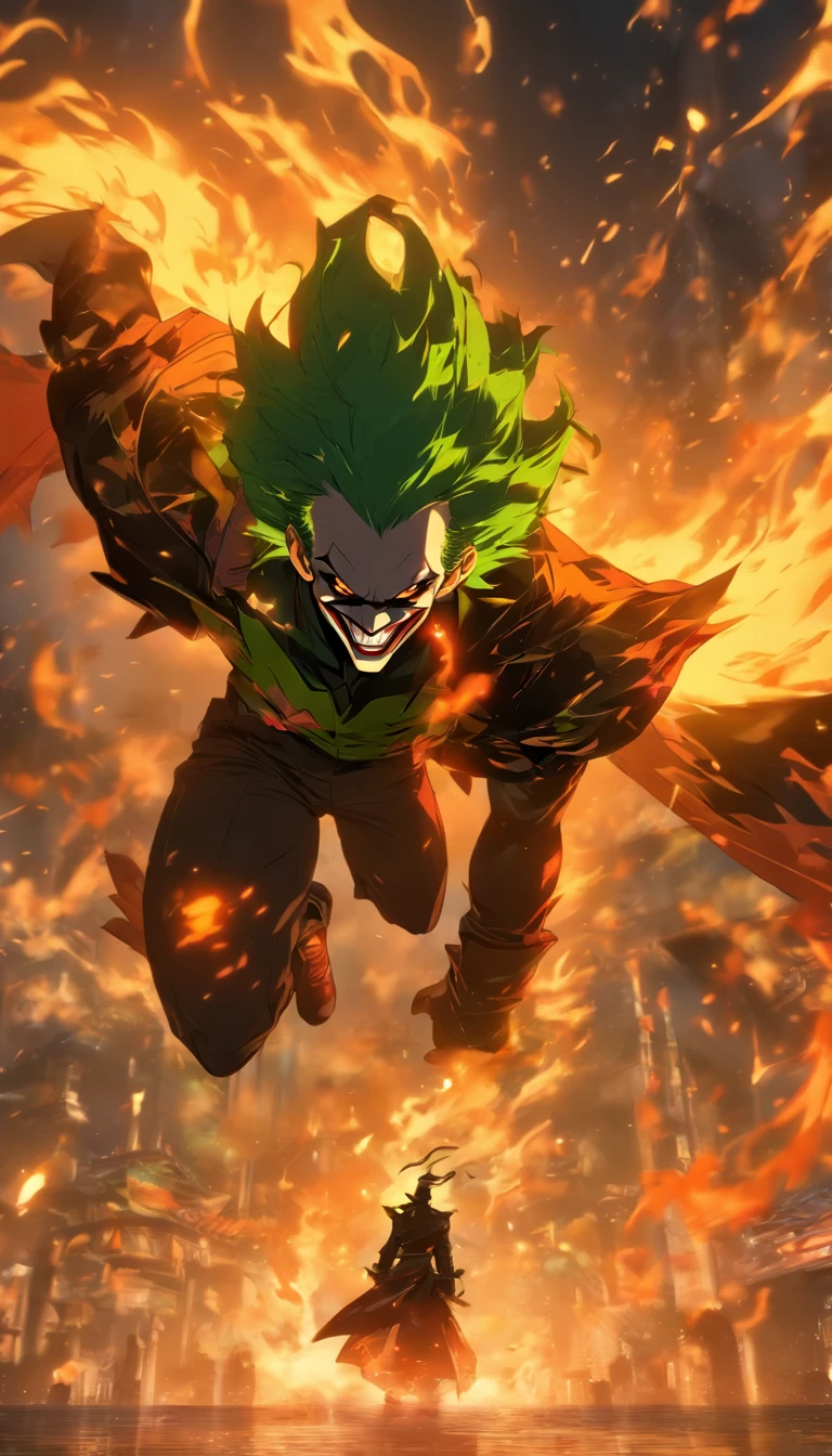 China-style,中景 the scene is,The joker stood in front of the huge firebird with outstretched wings,massive wings,Reach out,long messy hair,efeitos de brilho,hyper-realistic,Ultra foto Realsisim,estilo de sombra chinesa,ardente,vermelho,mancha,sombra,8k,super-fino,Qulidade Superior,(((renderizador OC)))