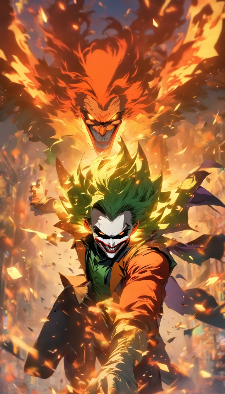 China-style,中景 the scene is,The joker stood in front of the huge firebird with outstretched wings,massive wings,Reach out,long messy hair,efeitos de brilho,hyper-realistic,Ultra foto Realsisim,estilo de sombra chinesa,ardente,vermelho,mancha,sombra,8k,super-fino,Qulidade Superior,(((renderizador OC)))