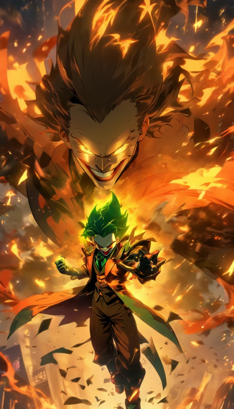 China-style,中景 the scene is,The joker stood in front of the huge firebird with outstretched wings,massive wings,Reach out,long messy hair,efeitos de brilho,hyper-realistic,Ultra foto Realsisim,estilo de sombra chinesa,ardente,vermelho,mancha,sombra,8k,super-fino,Qulidade Superior,(((renderizador OC)))