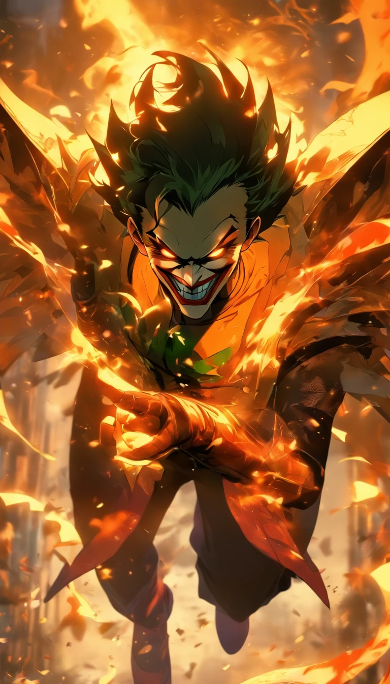 China-style，中景 the scene is，The joker stood in front of the huge firebird with outstretched wings，massive wings，Reach out，long messy hair，efeitos de brilho，hyper-realistic，Ultra foto Realsisim，estilo de sombra chinesa，ardente，vermelho，mancha，sombra，8k，super-fino，Qulidade Superior，（（（renderizador OC）））