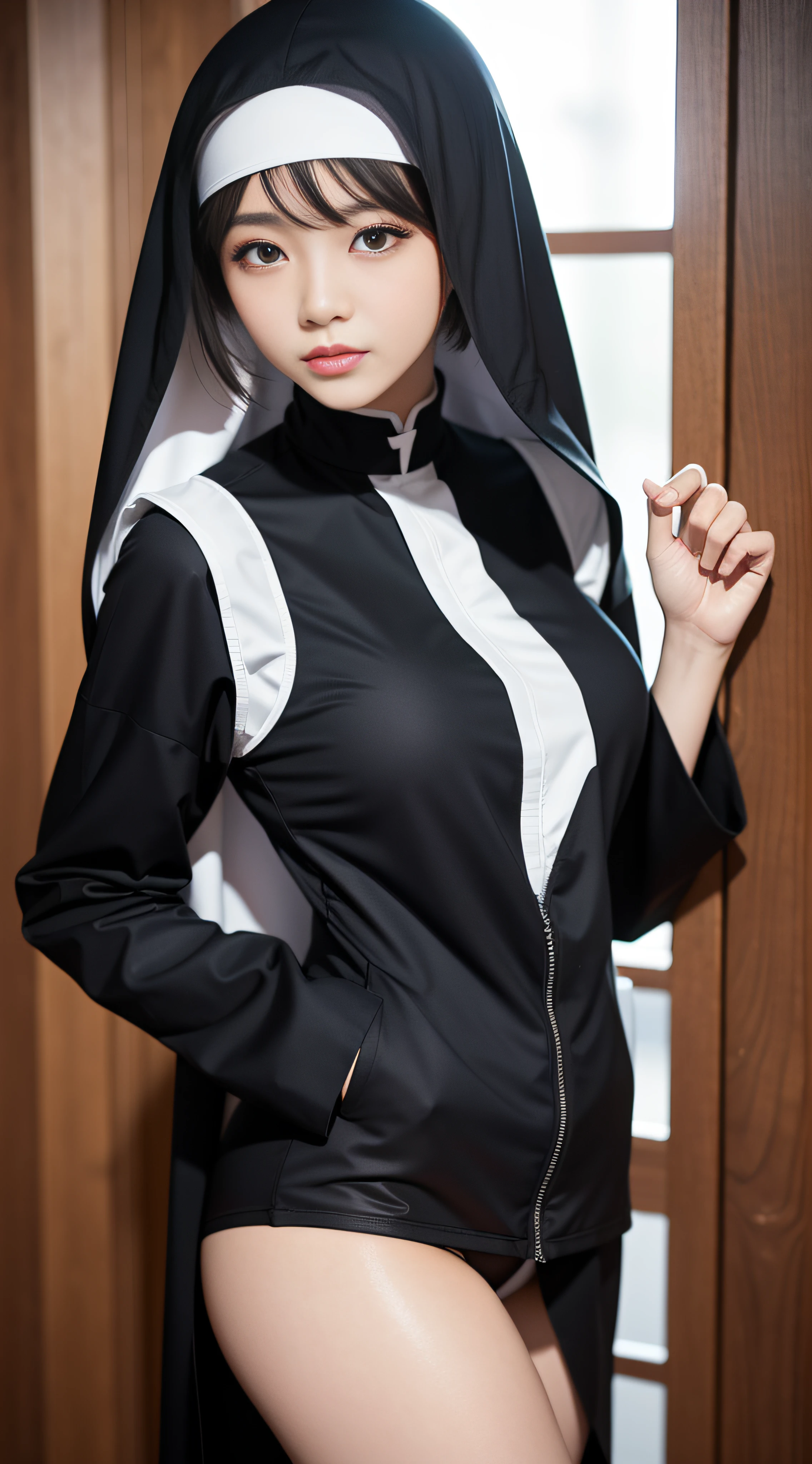 Works of masters,Best image quality,Higher quality,high detal,超高分辨率,8K分辨率,perfect hand,full body shot shot,Exquisite facial features,s the perfect face,Glowing skin,a matural female,(真实感:1.4),(((lewd nun))),((Clothing that exposes))(wetclothes:1.5)(wetclothes:1.6)(wetclothes:1.8)