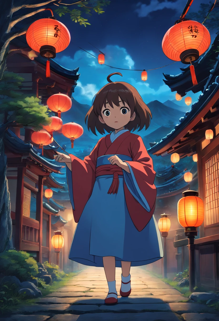Japanese temple, horror, Japanese doll, scary doll mask, tsukumogami umbrella, lantern with the face of a monster, tsukumogami lantern, Japanese horror films, blue lantern, light, good composition, scary lighting, masterpiece, night, low contrast, dark colors, (doll face: 1.5), scenery, yokai, best lighting
