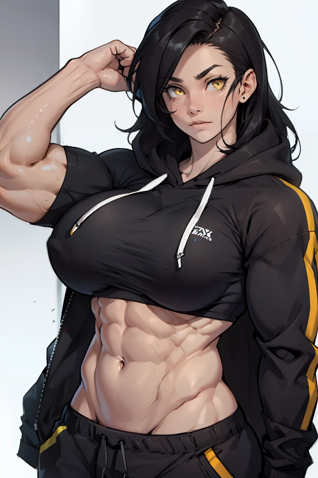 ((((((muscular 1 girl)))))), huge breasts, toned body, black hair, pale skin, yellow eyes, very long hair hoodie sweatpants, navel