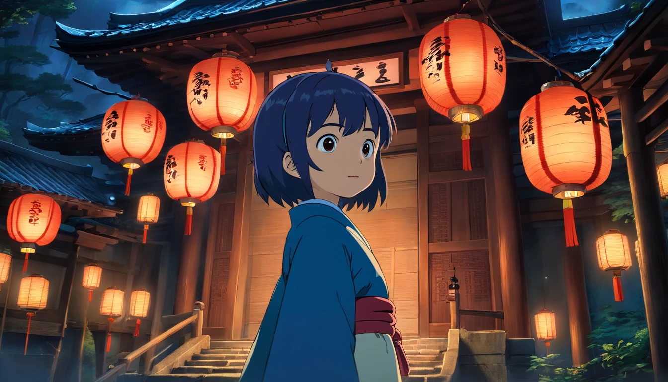 Japanese temple, horror, Japanese doll, scary doll mask, tsukumogami umbrella, lantern with the face of a monster, tsukumogami lantern, Japanese horror films, blue lantern, light, good composition, scary lighting, masterpiece, night, low contrast, dark colors, (doll face: 1.5), scenery, yokai, best lighting, no girl