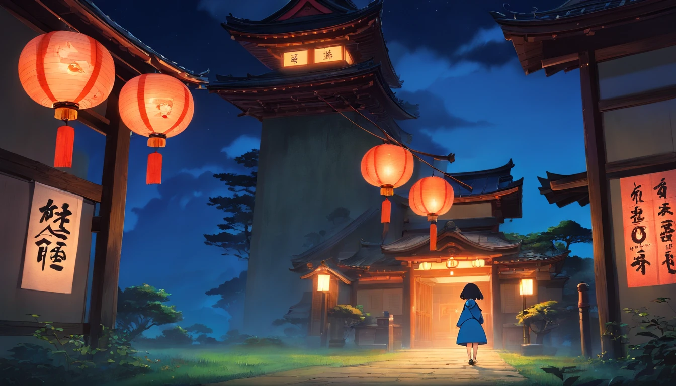 Japanese temple, horror, Japanese doll, scary doll mask, tsukumogami umbrella, lantern with the face of a monster, tsukumogami lantern, Japanese horror films, blue lantern, light, good composition, scary lighting, masterpiece, night, low contrast, dark colors, (doll face: 1.5), scenery, yokai, best lighting, no girl