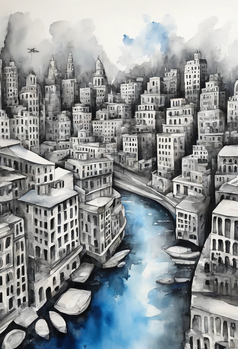 white and black photos of a city with a blue water, in the style of contemporary collage, animated gifs, album covers, fluid, high detailed, yankeecore, relief