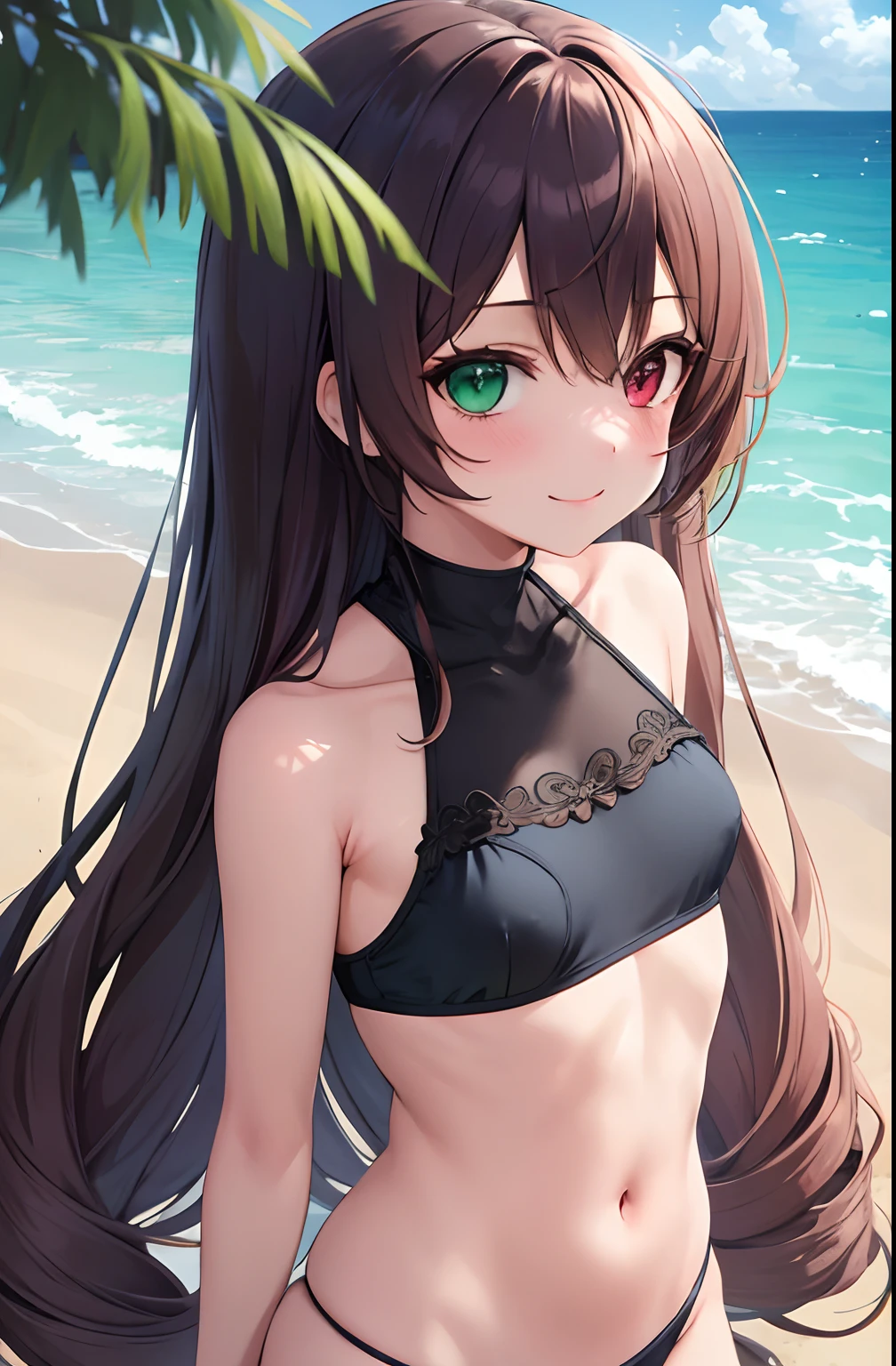 the beach, Best Quality, (masutepiece:1.2), Illustration, absurderes, (1girl in), (Solo), (Beautiful detailed girl), (Upper body, Portrait), Small breasts, Petite, Smile, blush, Looking at Viewer,looking at the viewers、1girl in、独奏、full body Esbian、is standing、At the back、cowboy shot、
Waterstone、heterochromia iridis、twin drills、green swimwear、
