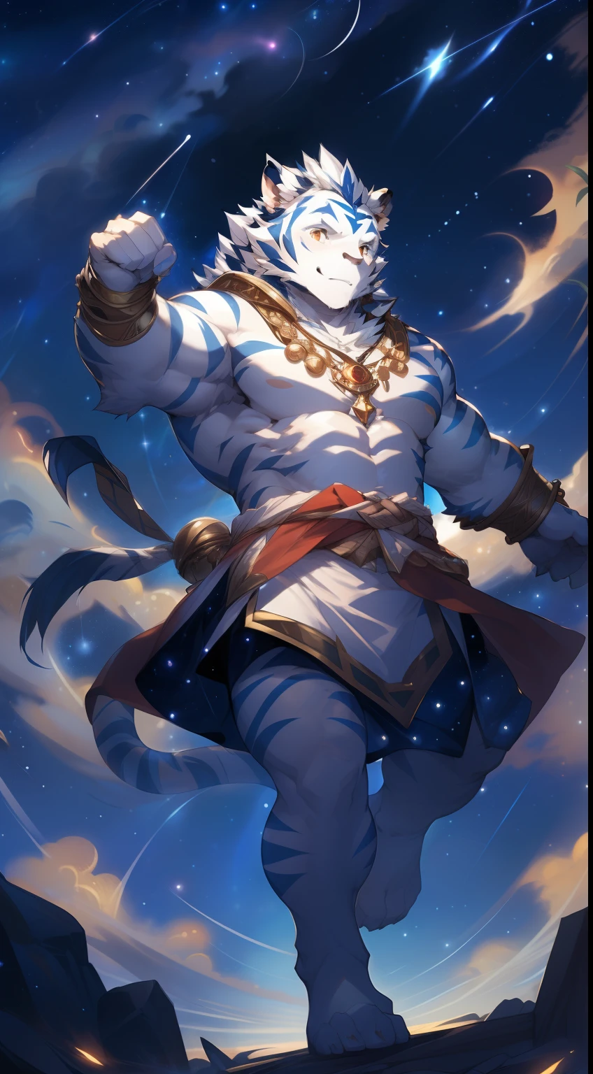 (by null-ghost, by thebigslick, By Darkgem, by Honovy), Kogenta (Onmyoji Oyamaji Temple), high-definition photograph, Perfect anatomy, Anthropomorphic white tiger, male people, 20yr old, Deities, Light blue stripes, Strong body, large pecs, Pink milk clusters, medium bulge, He levitates in the clouds, Wear a white loose skirt, Divine brilliance, one arm raised, Unleash magic,(Starry sky at night:1.5), Mysterious Expression, Be red in the face, Golden pupils, Look up at the sky, Gold ornaments, Clear facial features, Strong, Solo, fog atmosphere, Clouds, upper sky, meteor shower, extreme light, From above