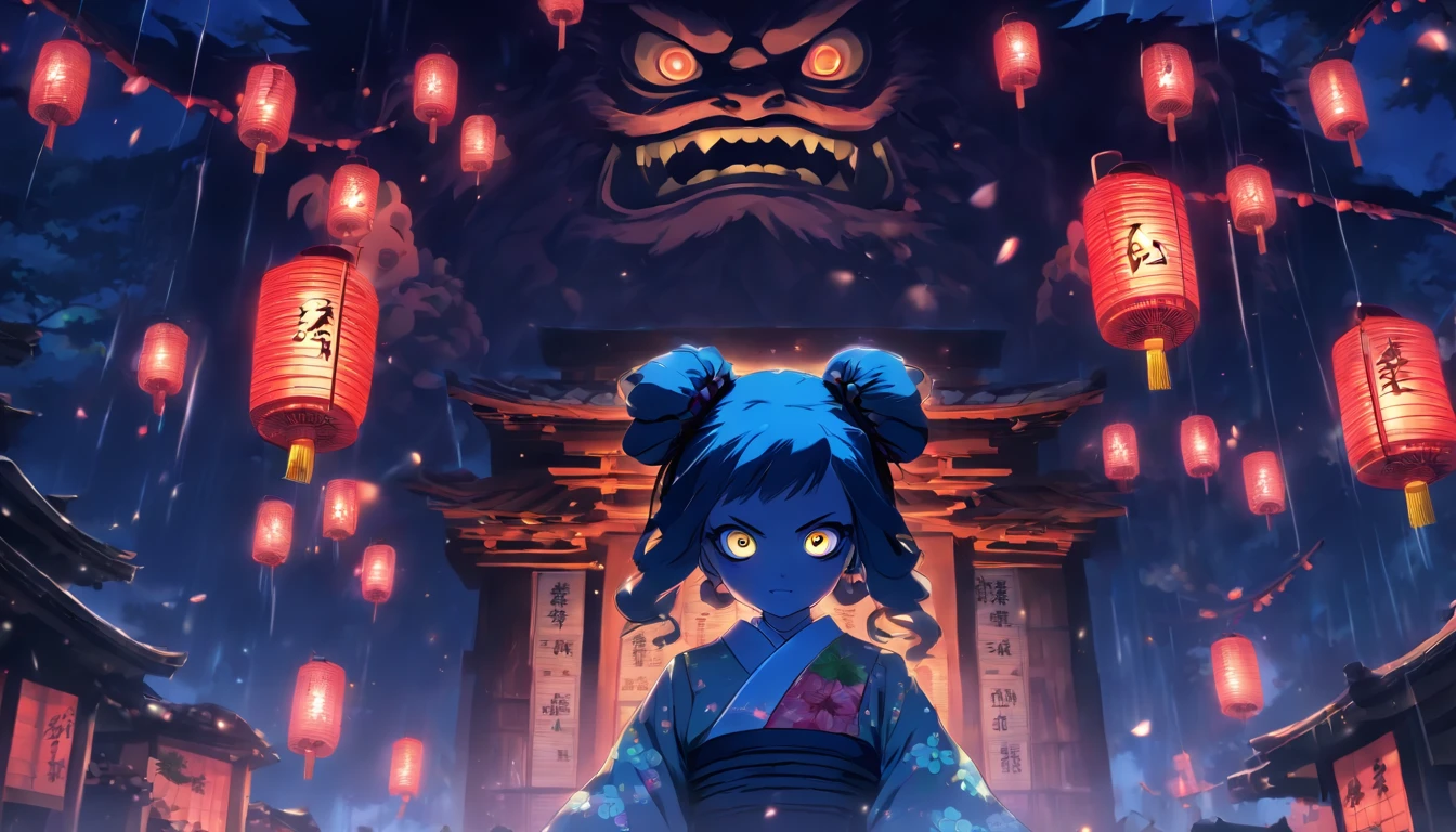 Japanese temple, horror, Japanese doll, scary doll mask, tsukumogami umbrella, lantern with the face of a monster, tsukumogami lantern, Japanese horror films, blue lantern, light, good composition, scary lighting, masterpiece, night, low contrast, dark colors, (doll face: 1.5), scenery, yokai, best lighting, no girl