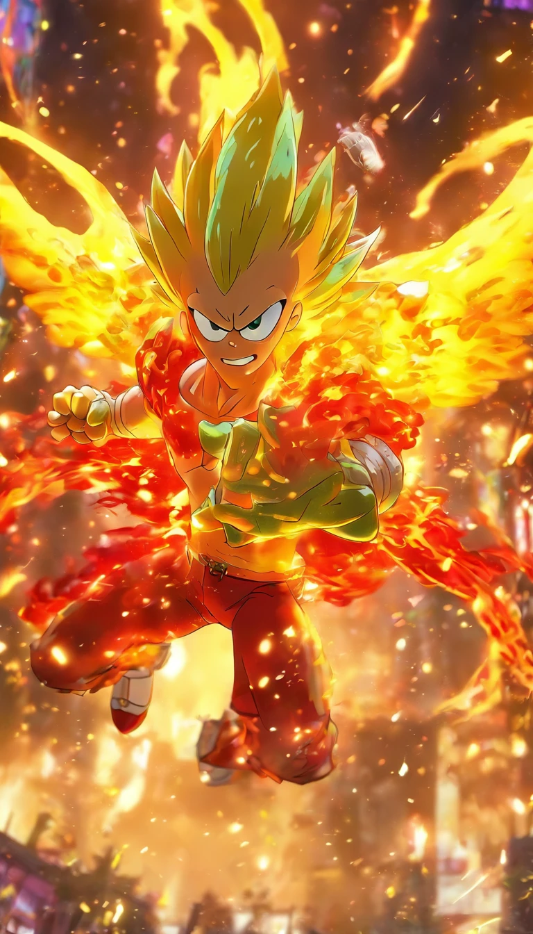China-style,中景 the scene is,The spongebob stood in front of the huge firebird with outstretched wings,massive wings,Reach Out,long messy hair,efeitos de brilho,hyper-realistic,Ultra foto Realsisim,estilo de sombra chinesa,ardente,vermelho,mancha,sombra,8k,super-fino,Qualidade Superior,(((renderizador OC)))