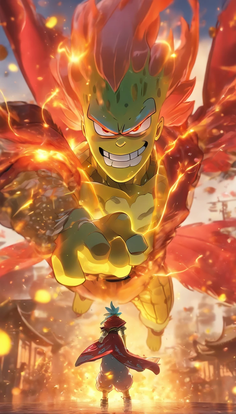 China-style，中景 the scene is，The spongebob stood in front of the huge firebird with outstretched wings，massive wings，Reach Out，long messy hair，efeitos de brilho，hyper-realistic，Ultra foto Realsisim，estilo de sombra chinesa，ardente，vermelho，mancha，sombra，8k，super-fino，Qualidade Superior，（（（renderizador OC）））