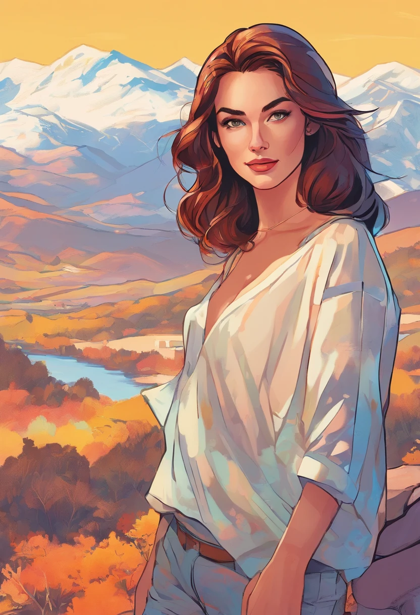 portrait of beautiful smiling woman with some freckles, snow-covered mountain landscape background by ilya kuvshinov and annie leibowitz. synthwave watercolor painting on canvas trending in artstation dramatic lighting abstract expressionism pastel shades tones (hd) golden ratio details aesthetic octane render excellent composition natural textures 8k oil paining masterpiece canon eos r4s 50