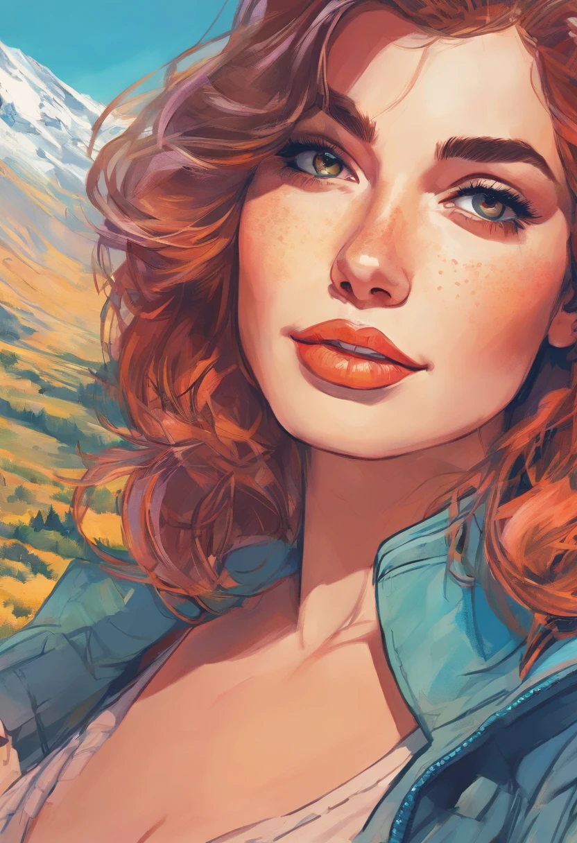 portrait of beautiful smiling woman with some freckles, snow-covered mountain landscape background by ilya kuvshinov and annie leibowitz. synthwave watercolor painting on canvas trending in artstation dramatic lighting abstract expressionism pastel shades tones (hd) golden ratio details aesthetic octane render excellent composition natural textures 8k oil paining masterpiece canon eos r4s 50