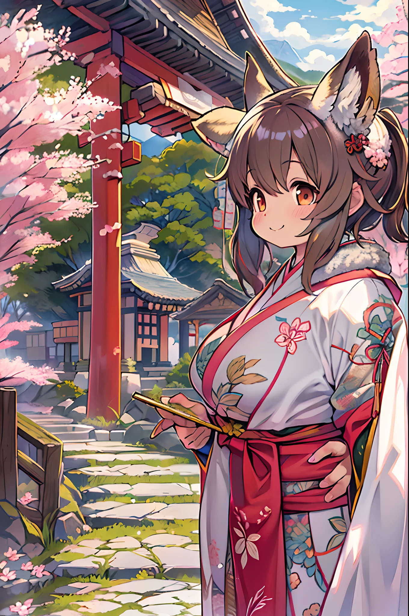 Fox Woman、body covered with fur、huge-breasted、kawaii、shrine maiden、Japan white clothes,Red Hakama、torii gate,((High Position))、A big smile、bbw、thick thight、big butts、Ultramammy,Chibi,Nanachi、Beautiful shrine scenery, cherryblossom, Pines, Anime Background Art, japanese art style, beautiful anime scene, detailed scenery - width 672, Background art, Anime landscapes, Anime Background, Beautiful anime scenery, Beautiful peace scenes in anime, landscape artwork, Japan Village, Anime landscape concept art, 8K))