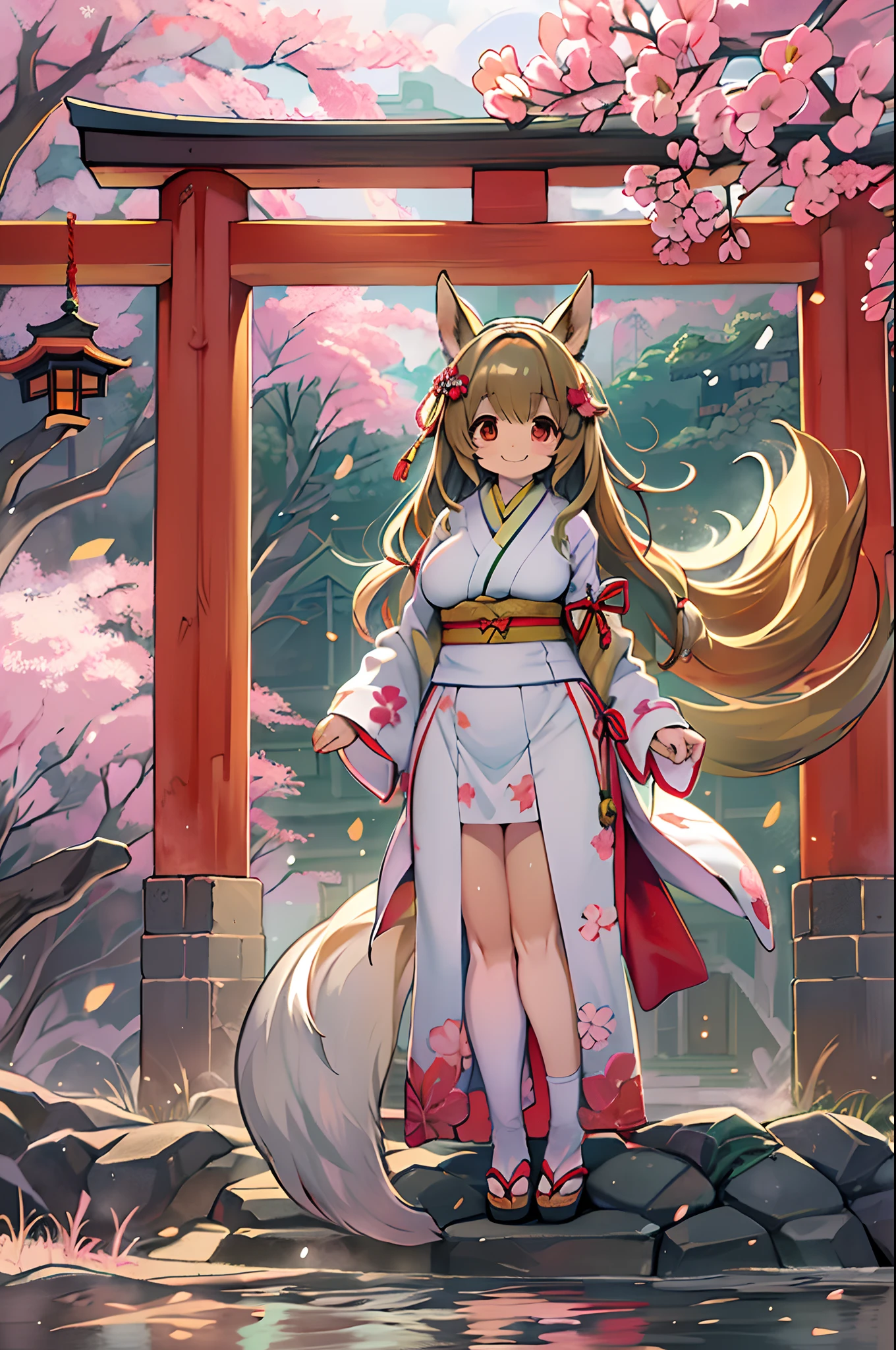 Fox Woman、body covered with fur、huge-breasted、kawaii、shrine maiden、Japan white clothes,Red Hakama、torii gate,((High Position))、A big smile、bbw、thick thight、big butts、Ultramammy,Chibi,Nanachi、Beautiful shrine scenery, cherryblossom, Pines, Anime Background Art, japanese art style, beautiful anime scene, detailed scenery - width 672, Background art, Anime landscapes, Anime Background, Beautiful anime scenery, Beautiful peace scenes in anime, landscape artwork, Japan Village, Anime landscape concept art, 8K))