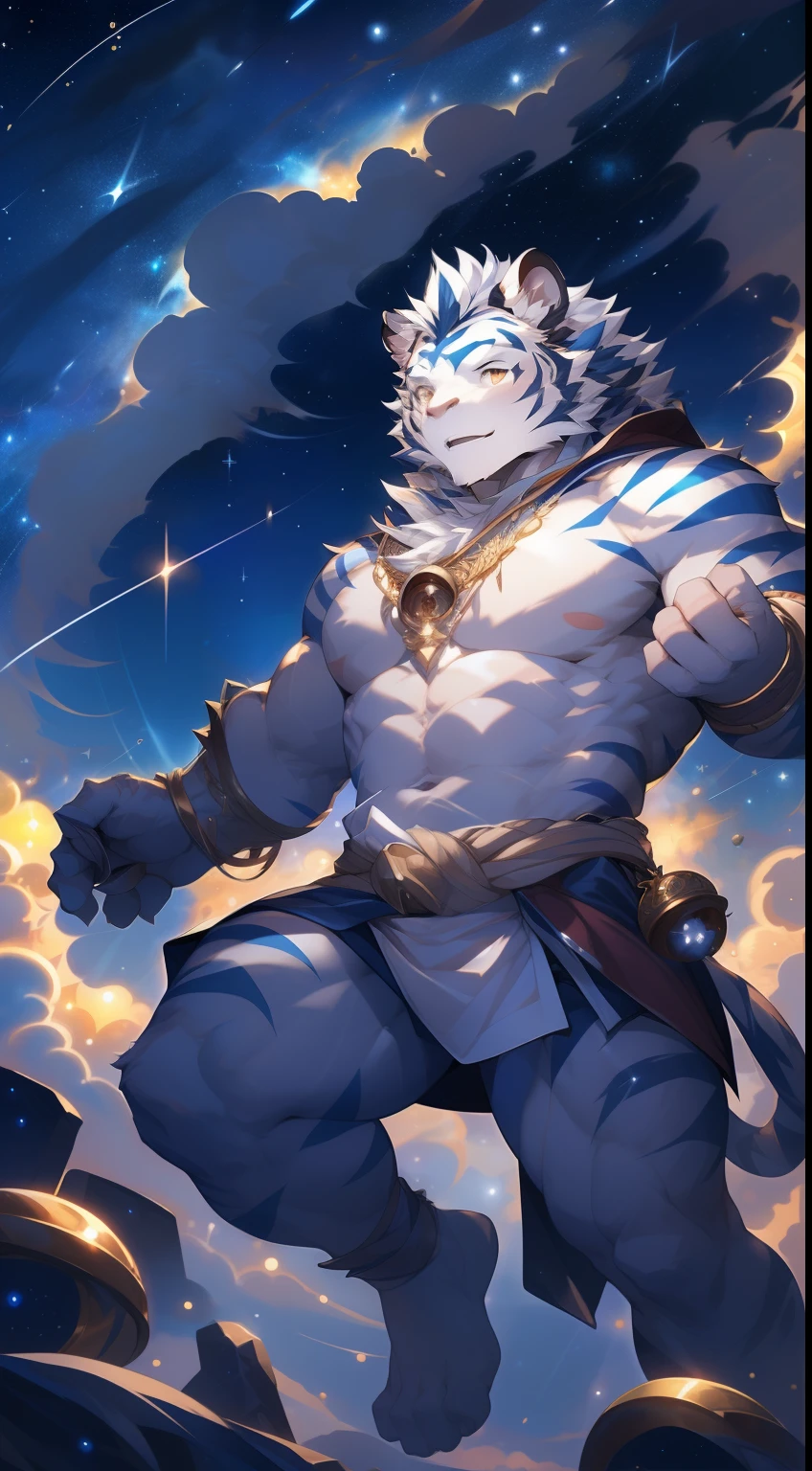 (by null-ghost, by thebigslick, By Darkgem, by Honovy), Kogenta (Onmyoji Oyamaji Temple), high-definition photograph, Perfect anatomy, Anthropomorphic white tiger, male people, 20yr old, Deities, Light blue stripes, Strong body, large pecs, Pink milk clusters, medium bulge, He levitates in the clouds, Wear a white loose skirt, Divine brilliance, one arm raised, Unleash magic,(Starry sky at night:1.5), Mysterious Expression, Be red in the face, Golden pupils, Look up at the sky, Gold ornaments, Clear facial features, Strong, Solo, fog atmosphere, Clouds, upper sky, meteor shower, extreme light, From above