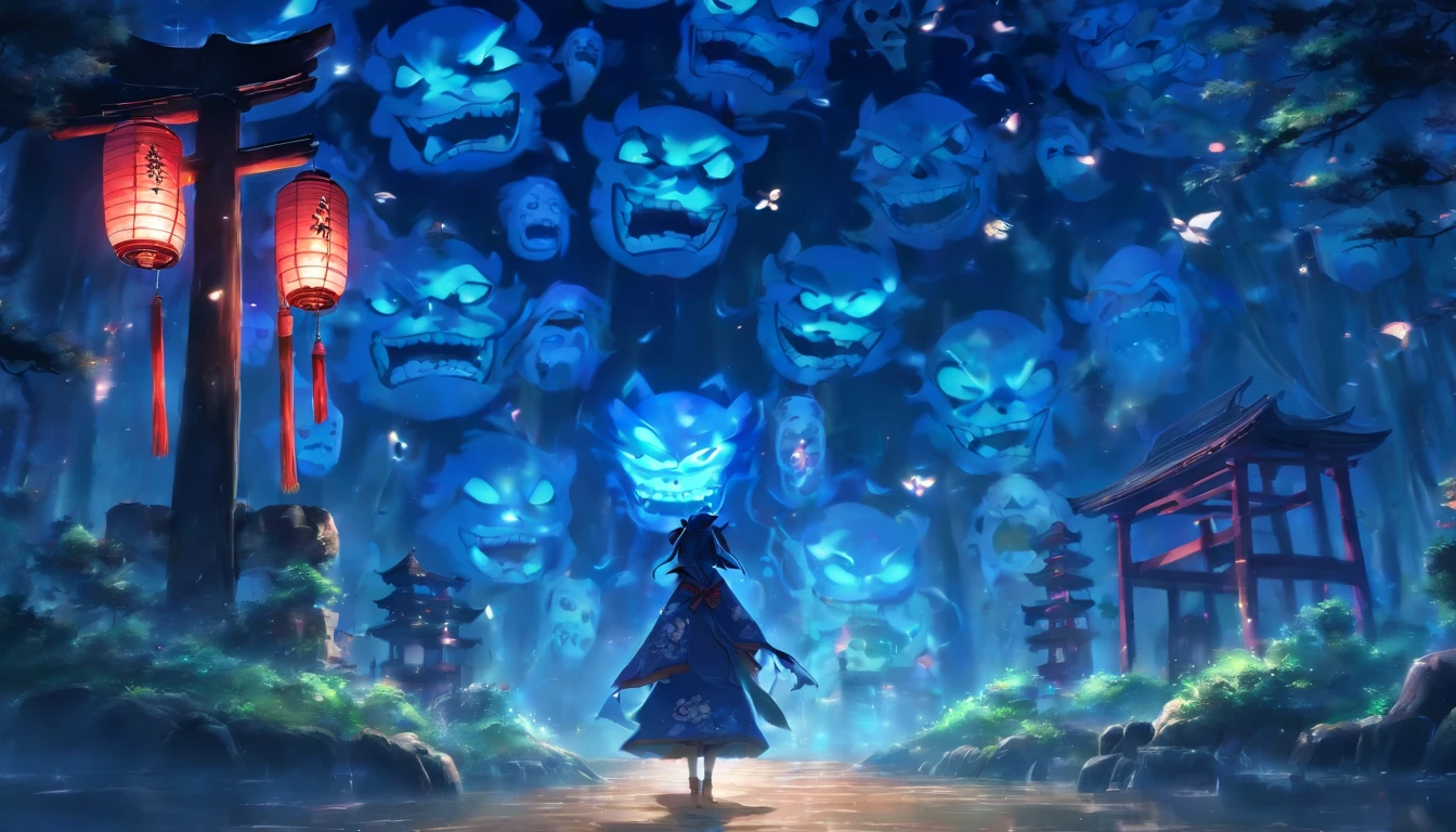 Japanese temple, horror, Japanese doll, scary doll mask, tsukumogami umbrella, lantern with the face of a monster, tsukumogami lantern, Japanese horror films, blue lantern, light, good composition, scary lighting, masterpiece, night, low contrast, dark colors, (doll face: 1.5), scenery, yokai, best lighting, no girl, forest