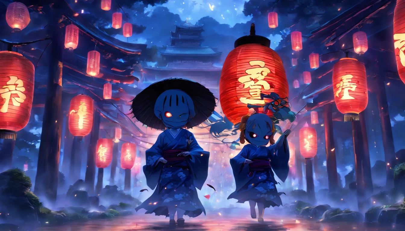 Japanese temple, horror, Japanese doll, scary doll mask, tsukumogami umbrella, lantern with the face of a monster, tsukumogami lantern, Japanese horror films, blue lantern, light, good composition, scary lighting, masterpiece, night, low contrast, dark colors, (doll face: 1.5), scenery, yokai, best lighting, no girl, forest
