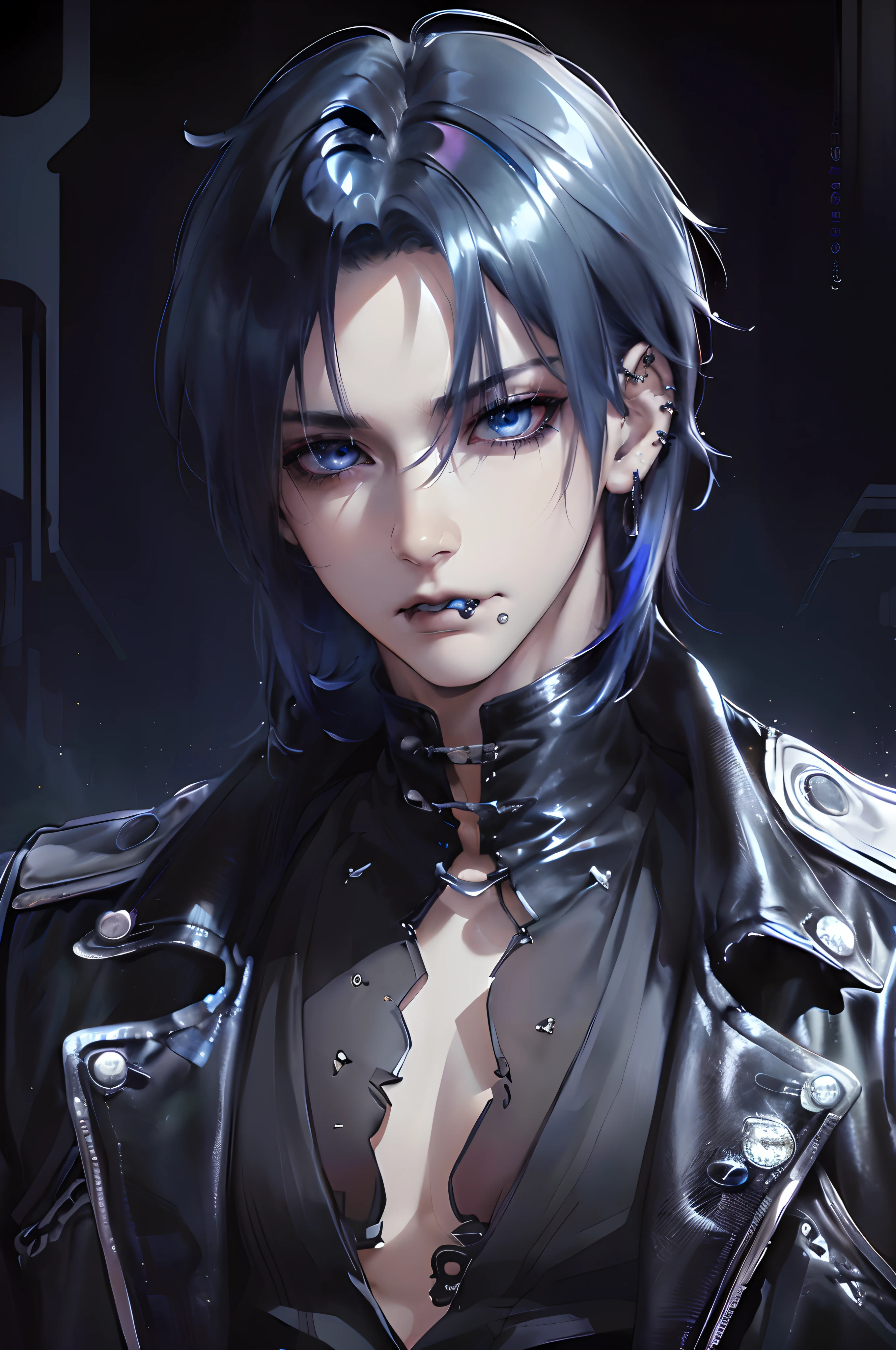 photography of a sexy man, a solo man, (((man))), (masculine face), 40 years old, demon, bad boy, (blue eyes), expressive look, blue hair, white bangs, black lips, (((piercings))), (ear piercings), (gotjic style), japanese style, ((((visual kei))), (((dark background))), shine hair, unshaven, black clothes, long sleve jacket, super detailed face, perfect body, perfect shapes, realistic image, award winning photography, 8k, (((perfect shiny eyes)))