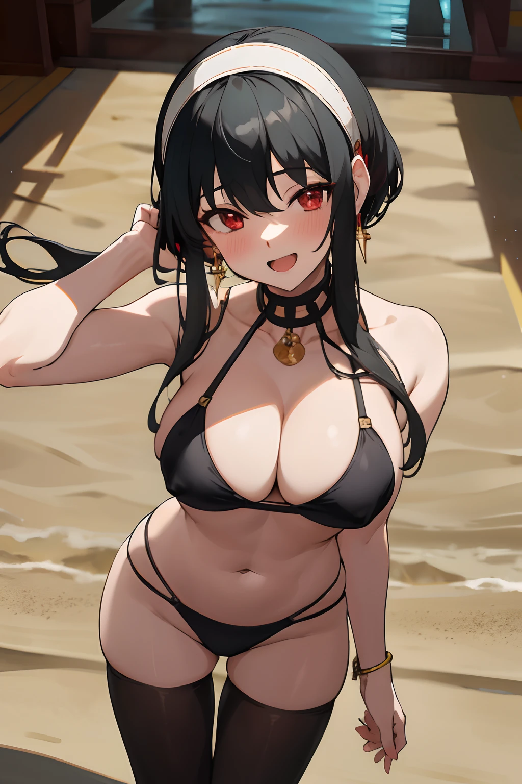masterpiece, best quality, highres, bbyorf, short hair with long locks, white hairband, red eyes, gold earrings, large breasts, jewelry, casino, standing cowboy shot, smile, open mouth, leaned forward, cleavage, blush, tights, black hair, from above, bikini, beach