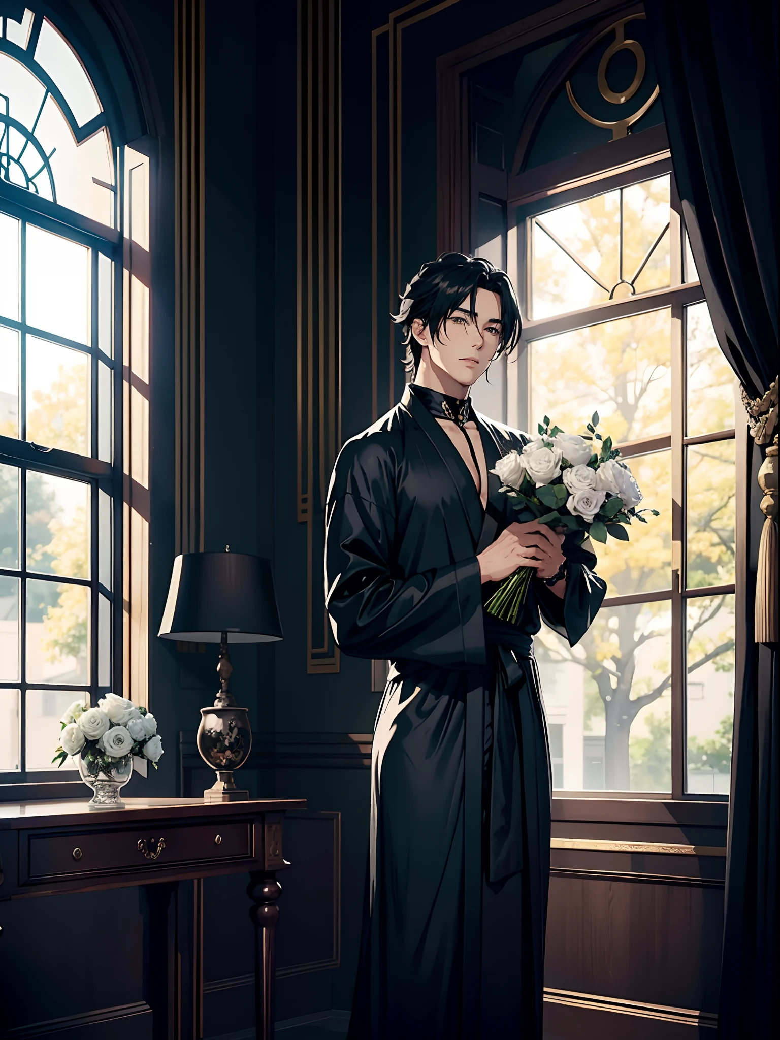 anime sexy man in a black silk robe, holding big white roses bouquet, curtains