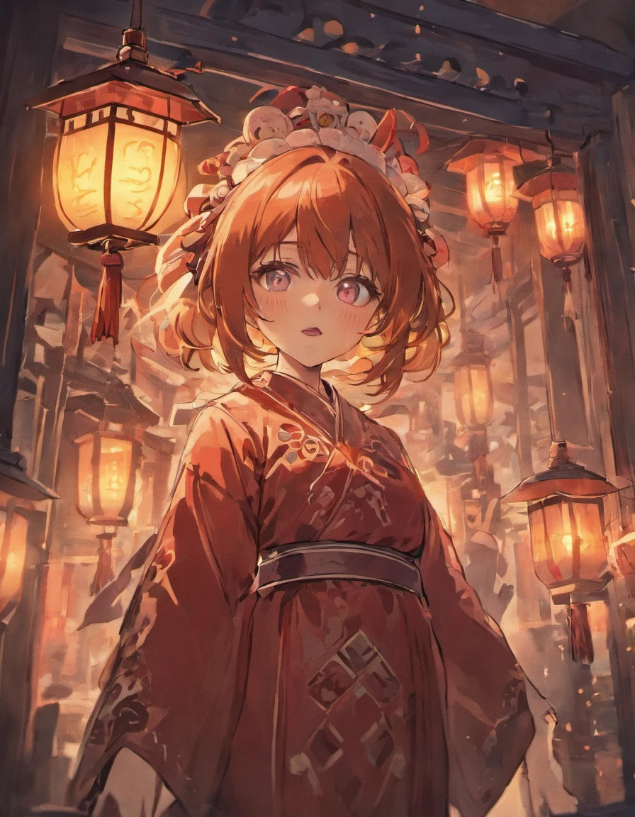 Japanese temple, horror, Japanese doll, scary doll mask, tsukumogami umbrella, lantern with the face of a monster, tsukumogami lantern, Japanese horror films, blue lantern, light, good composition, scary lighting, masterpiece, night, low contrast, dark colors, (doll face: 1.5), scenery, yokai, best lighting, no girl, forest