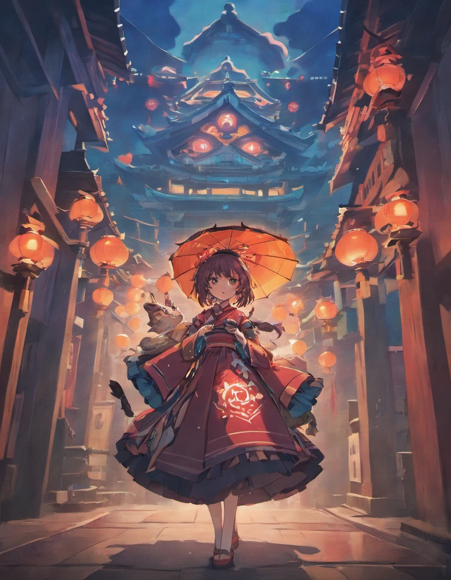Japanese temple, horror, Japanese doll, scary doll mask, tsukumogami umbrella, lantern with the face of a monster, tsukumogami lantern, Japanese horror films, blue lantern, light, good composition, scary lighting, masterpiece, night, low contrast, dark colors, (doll face: 1.5), scenery, yokai, best lighting, no girl, forest