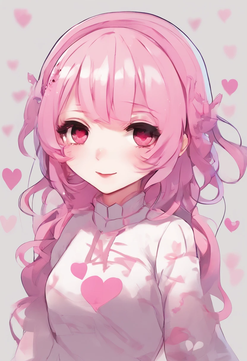 chibi anime girl pink hair really pale skin profle picture smiling wink white background with hearts