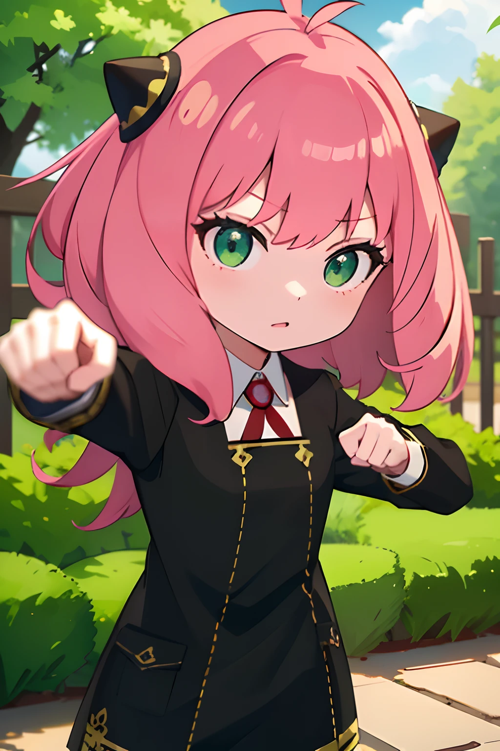 1girl in、hight resolution、​masterpiece、Short stature、(Anya\(SPYXFamily\))、Shining green eyes、Pink hair、hair adornments、Black school uniform、martial art pose、Attacking、clench your fists、Unleash a big punch, High Power Punch、Fist pointed at the camera