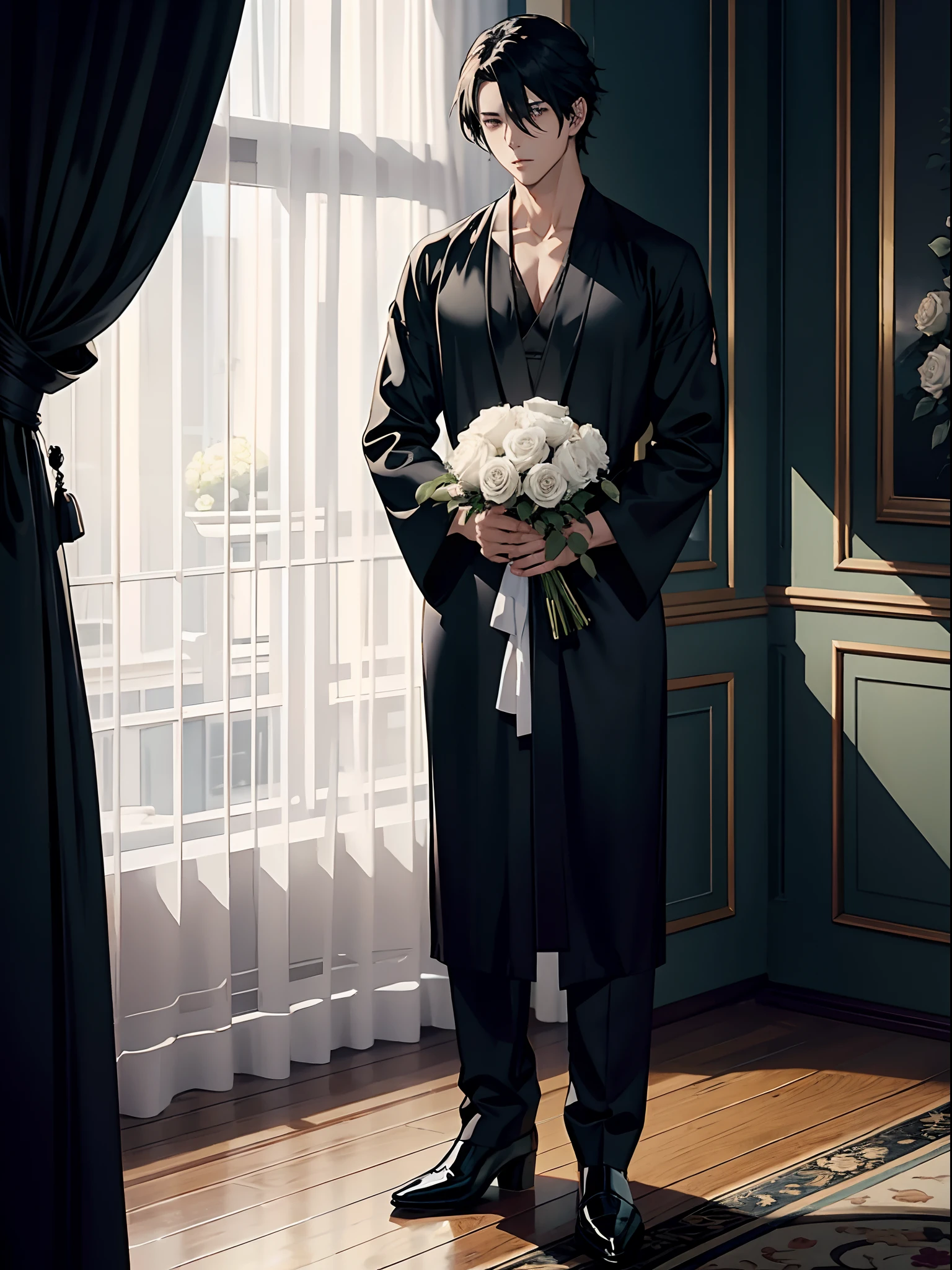 anime sexy man in a black silk robe, holding big white roses bouquet, curtains