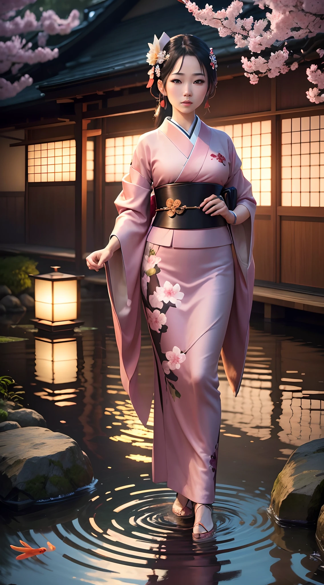<lora:minka:0.8>, minka, 53yo, brown hair, slim muscular body, heavy tan, pearl necklace, (wearing a kimono:1.3), standing proudly on the surface of a colourful alien planet, shy smile, (insanely detailed, detailed face ,detailed eyes, masterpiece, best quality), full body in shot