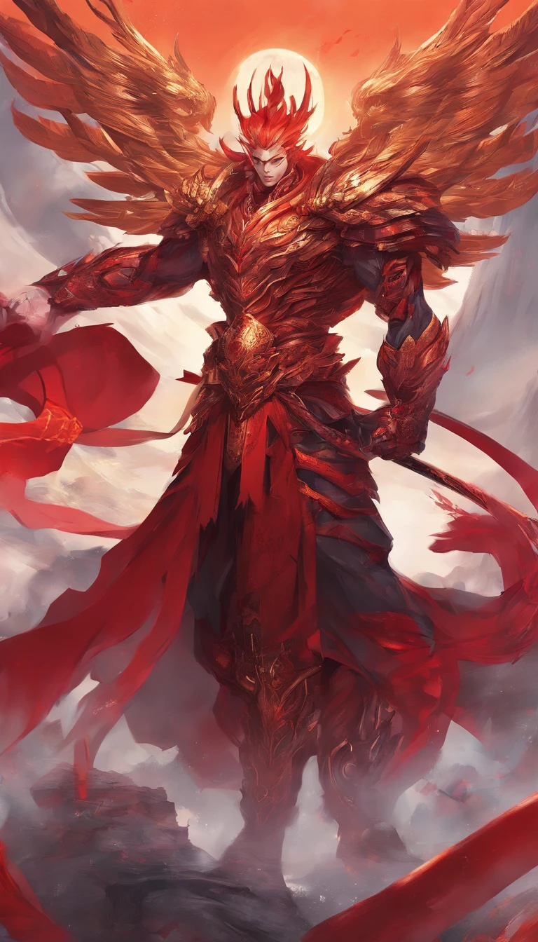 China-style,中景 the scene is,Goku was standing in front of the huge firebird with outstretched wings,massive wings,Reach Out,long messy hair,efeitos de brilho,hyper-realistic,Ultra foto Realsisim,estilo de sombra chinesa,ardente,vermelho,mancha,sombra,8k,super-fino,qualidade superior,(((renderizador OC)))