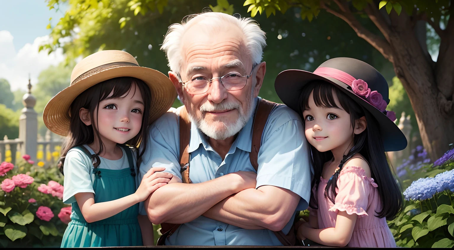 Crie imagem que tenham 3 (ba) Children and a smiling old man in a lush garden, cercadas por flores coloridas.