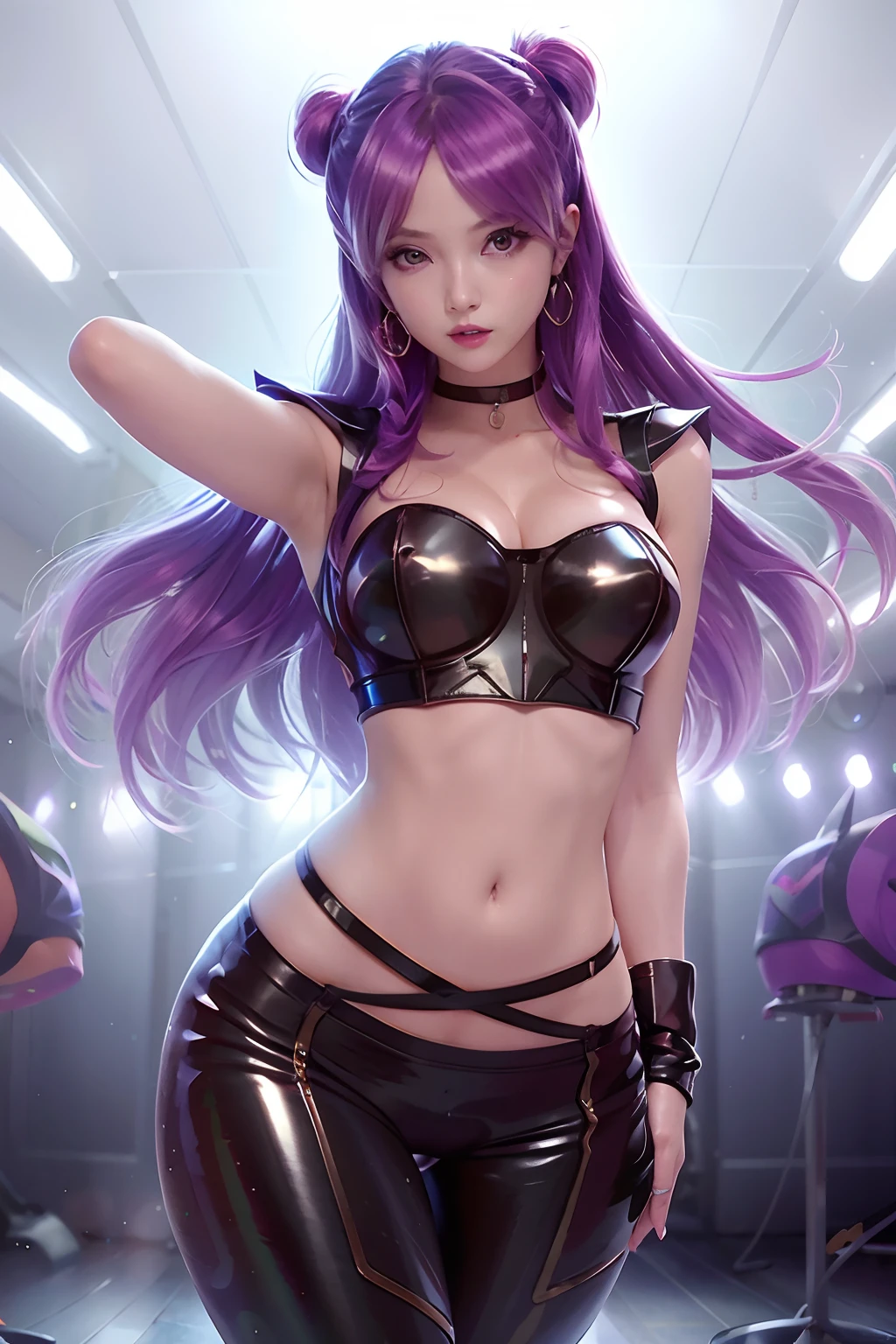 best quality, ultra high res, (photorealistic:1.4), 1girl, solo focus, purple eyes, lips, jewelry, earrings, makeup, bare shoulders, crop top, black crop top, collarbone, collar, shiny clothes, detached sleeves, crystals, gloves, elbow gloves, single fingerless glove, midriff, belt, pants, tight pants, high-waist pants,  studio background, (Kpop idol), (aegyo sal:1), (pink hair:1), ((puffy eyes)), looking at viewer, facing front, smiling, laughing, Detailed stage background,