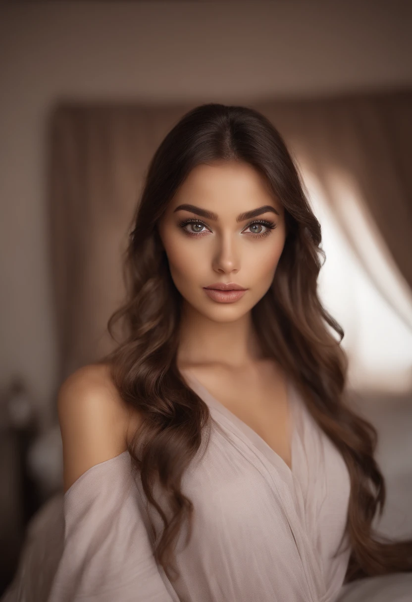 arafed woman fully , sexy girl with brown eyes, ultra realistic, meticulously detailed, portrait sophie mudd, brown hair and large eyes, selfie of a young woman, dubai eyes, violet myers, without makeup, natural makeup, looking directly at the camera, face with artgram, subtle makeup, stunning full body shot kneeling on bed, in bedroom, medium to large size bust passport photo