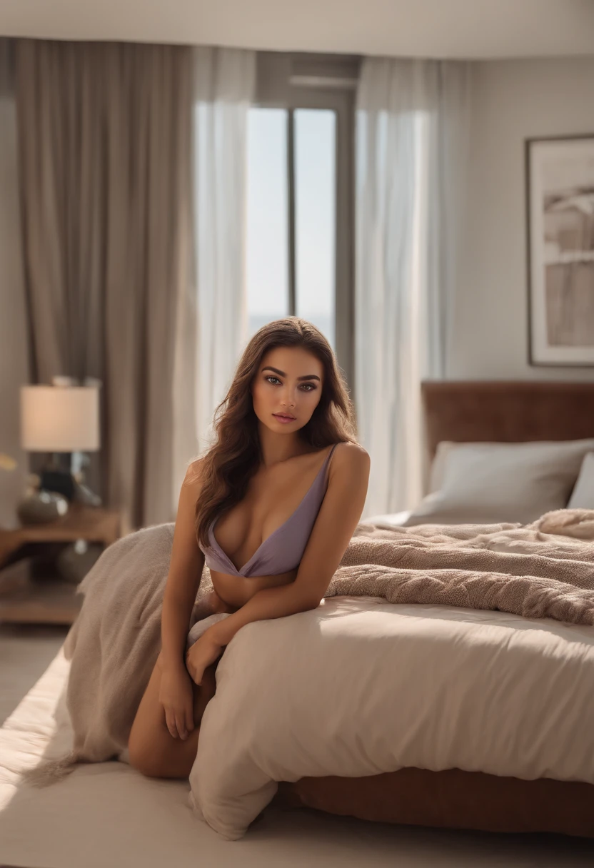 arafed woman fully , sexy girl with brown eyes, ultra realistic, meticulously detailed, portrait sophie mudd, brown hair and large eyes, selfie of a young woman, dubai eyes, violet myers, without makeup, natural makeup, looking directly at the camera, face with artgram, subtle makeup, stunning full body shot kneeling on bed, in bedroom, medium to large size bust passport photo
