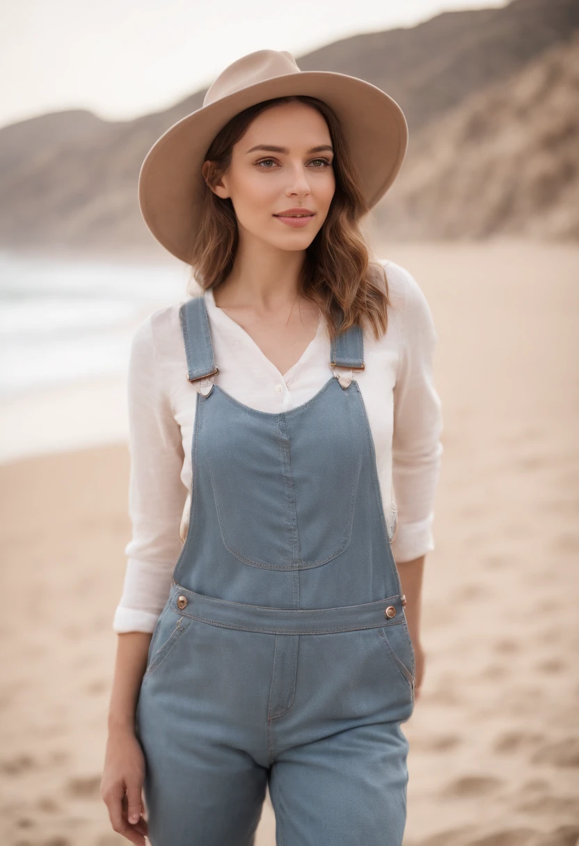 woman in denim overalls and hat standing on the beach, in the style of lighthearted, canon ef 35mm f/1.4l, mountainous vistas, mediterranean-inspired, lively facial expressions, high quality photo, winning, fun and happy feeling, ultra detailed, high definition, hyperrealism