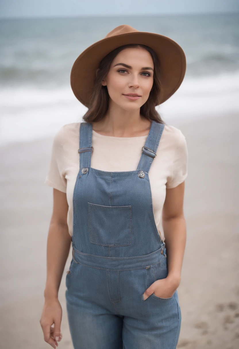 woman in denim overalls and hat standing on the beach, in the style of lighthearted, canon ef 35mm f/1.4l, mountainous vistas, mediterranean-inspired, lively facial expressions, high quality photo, winning, fun and happy feeling, ultra detailed, high definition, hyperrealism