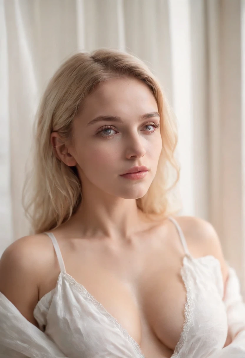 (best quality,realistic:1.37),portrait,"blonde girl",sleeping soundly,perfect physique,intense heat,white,semi-transparent sweat-soaked clothes,exposed breasts,exposed ,beautiful,sexy, naked, naked breasts