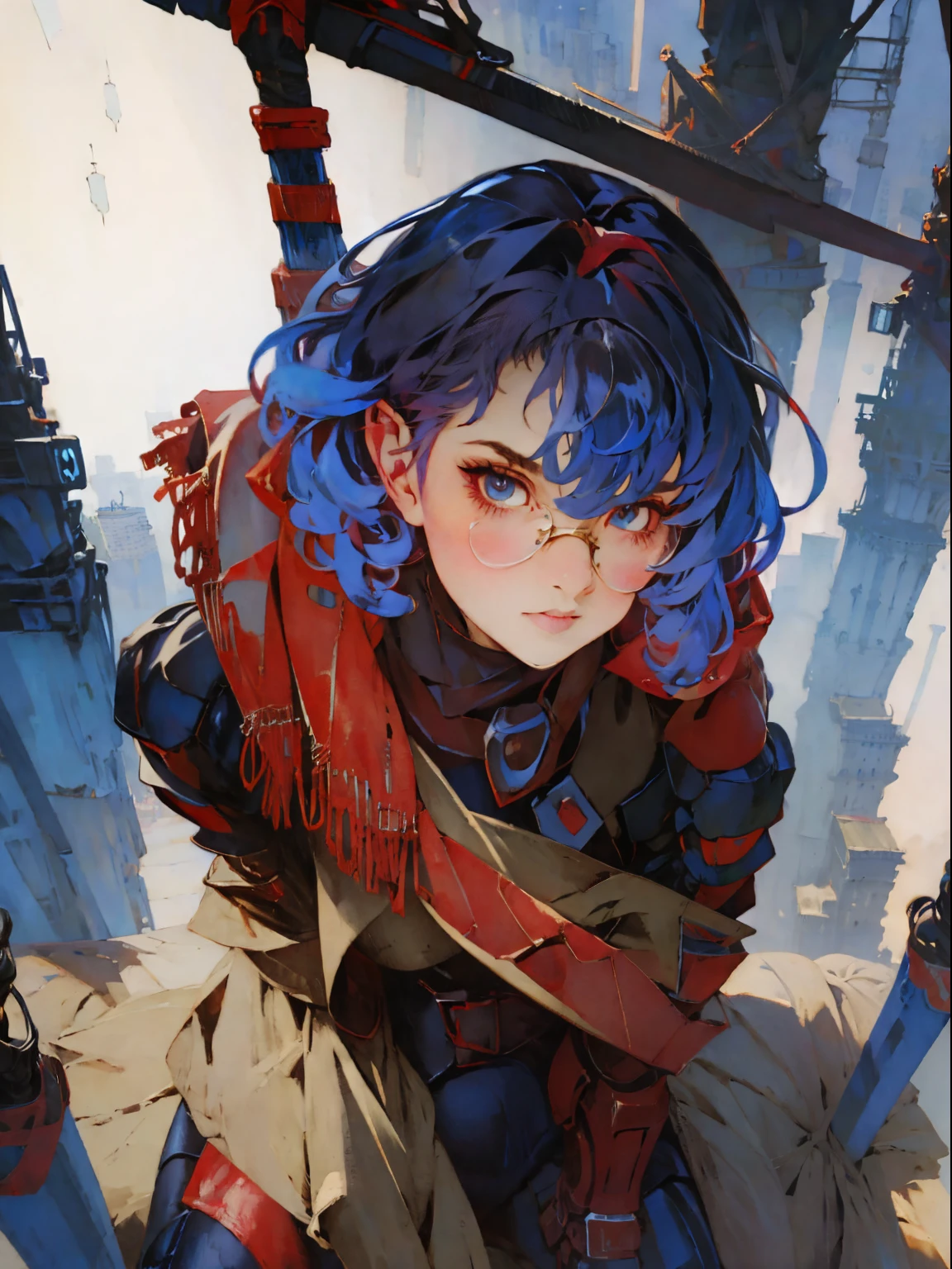 Woman in Ninja Uniform、Black short-haired、Red scarf covering the mouth、Crouching regime、Dutch Angle Shot, Depiction from above、Stand at the top of the tower、Low body position、（Holding a glowing sword in your hand：1.5）、sharp eye、Fearless face、Cyberpunk、Digital Art、8ｋ、Dutch Angle Shot, Official art of fighting games, more_details:1,