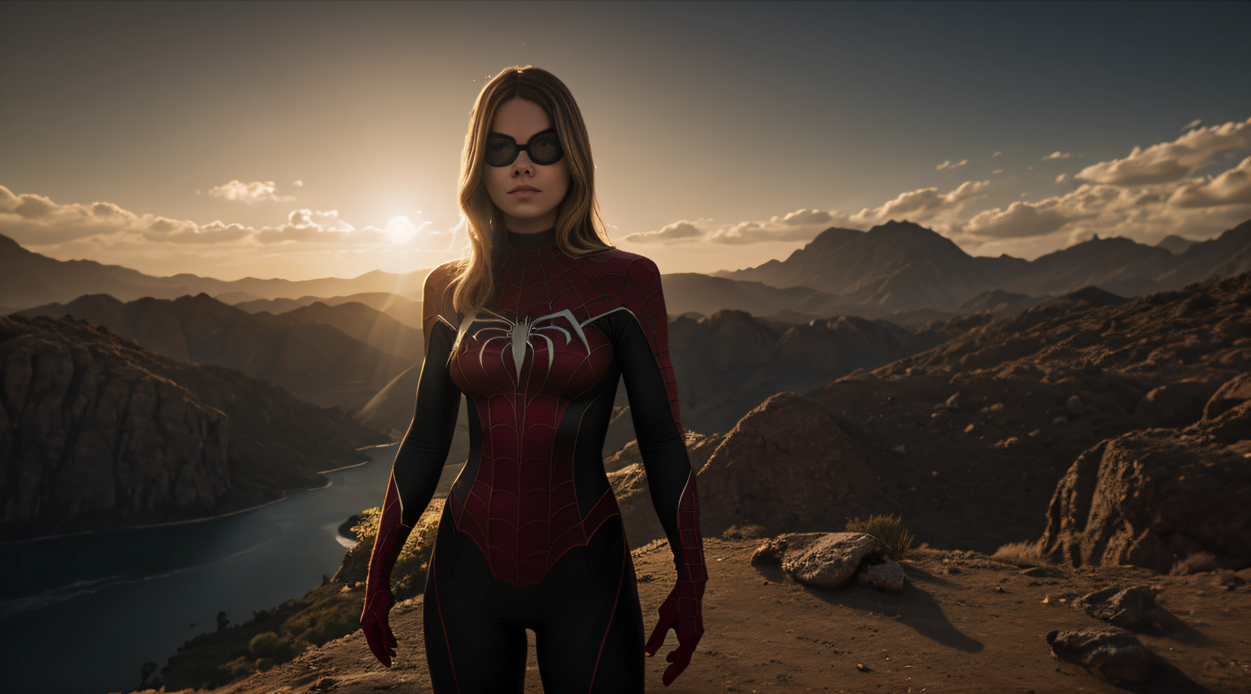 (obra prima) (ultradetalhada) (ultrarrealista | | |)Gwen Stacy, roupas homem-aranha, vermelha e preta, pose para foto profissional, Foto premiada, BLN-L24, exposure,Alto contraste,low saturation,high saturation 8k 3D, f 2.8 lentes, Cinematic lighting