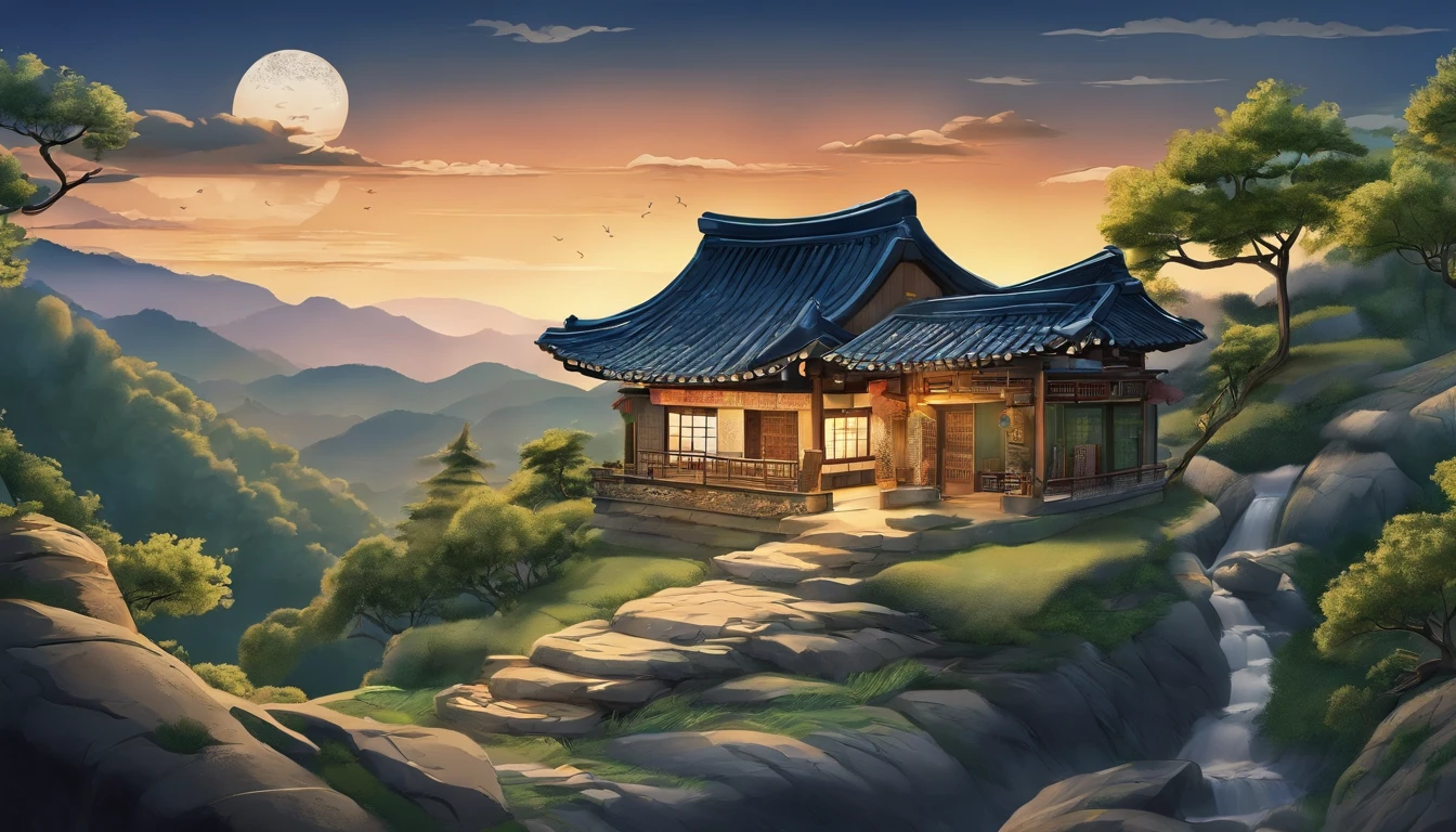 Nature in Korea, Night scenery, woods, village, well, sky, clouds, valley, 1 hanok on top of the waterfall