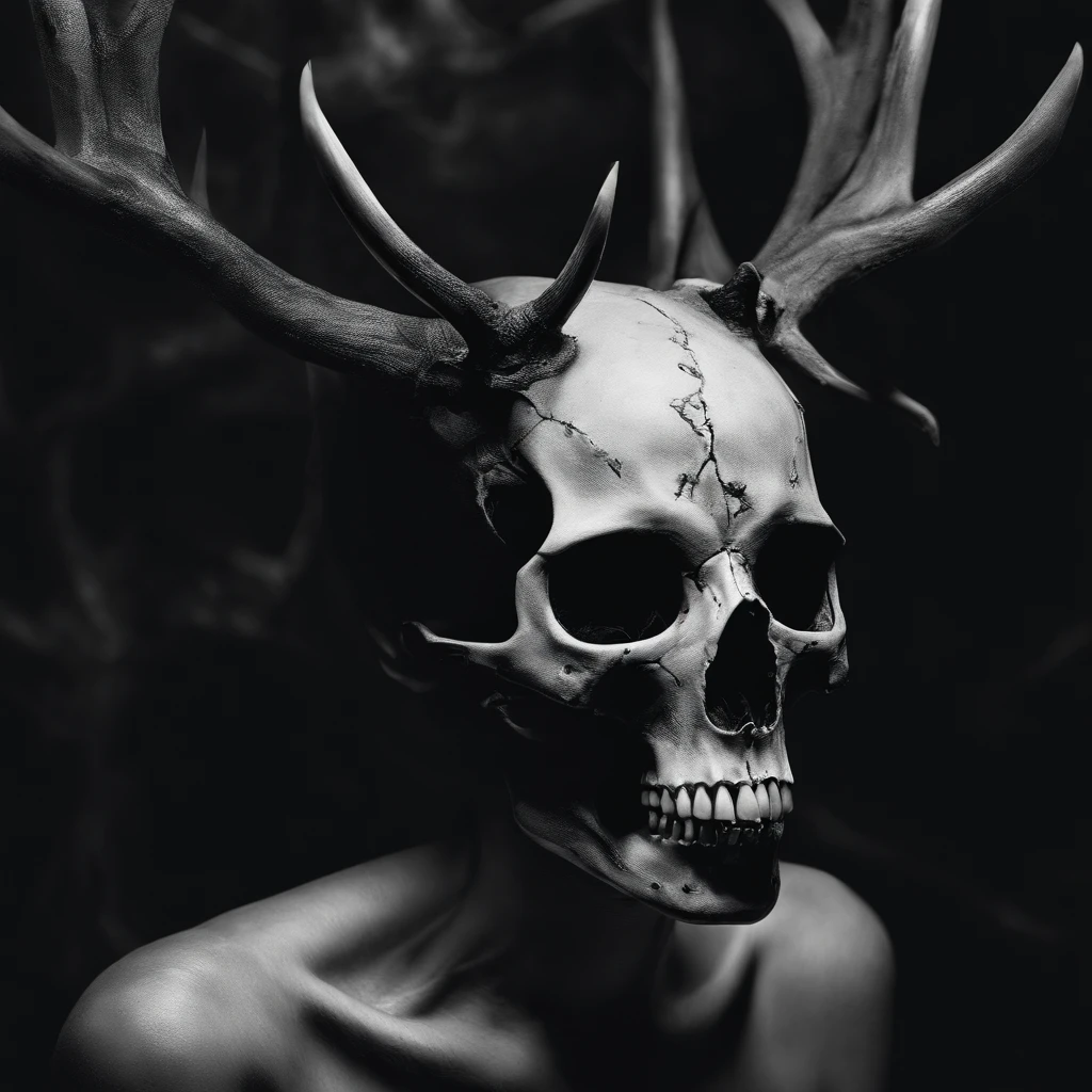 (best quality,highres,ultra-detailed),naked woman,deer skull,satanic deer skull,horror,cinematic lighting,sharp focus,photorealistic,vivid colors,bokeh, perfect breast, nipples, sexy