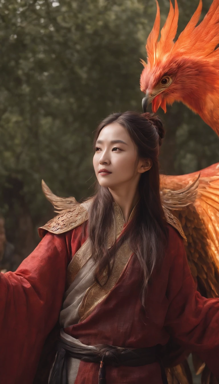 China-style，中景 the scene is，The Taoist priest stood in front of the huge firebird with spread wings，massive wings，Stretch your hands，Long messy hair，Glow effects，Hyper-realistic，Ultra photo realsisim，Chinese ink style，firey，rot，Smudge，ink，8K，super-fine，high qulity，（（（OC renderer）））