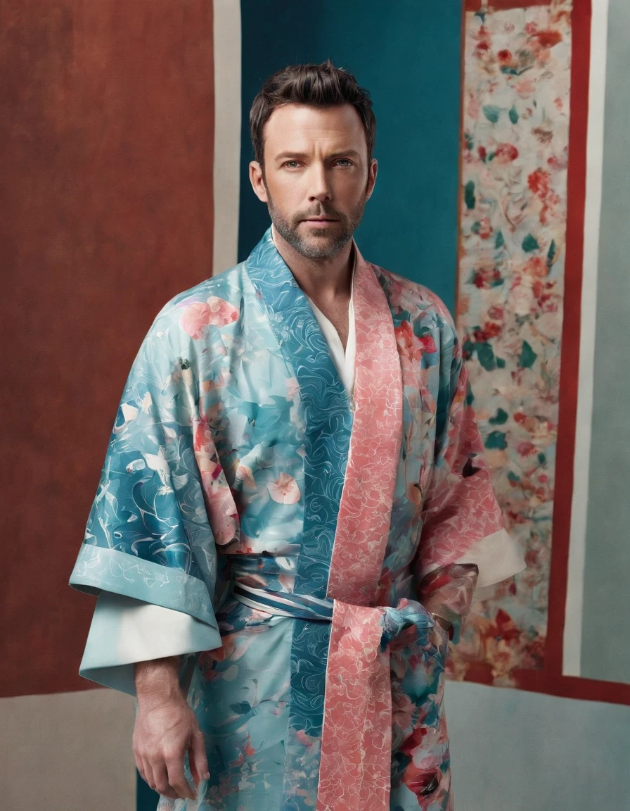 A Photograph capturing a surrealist vision: ben affleck in pattern kimono, amidst a swirling color palette, poses outside a tailor shop, posing with the dreamlike surroundings. --ar 16:9