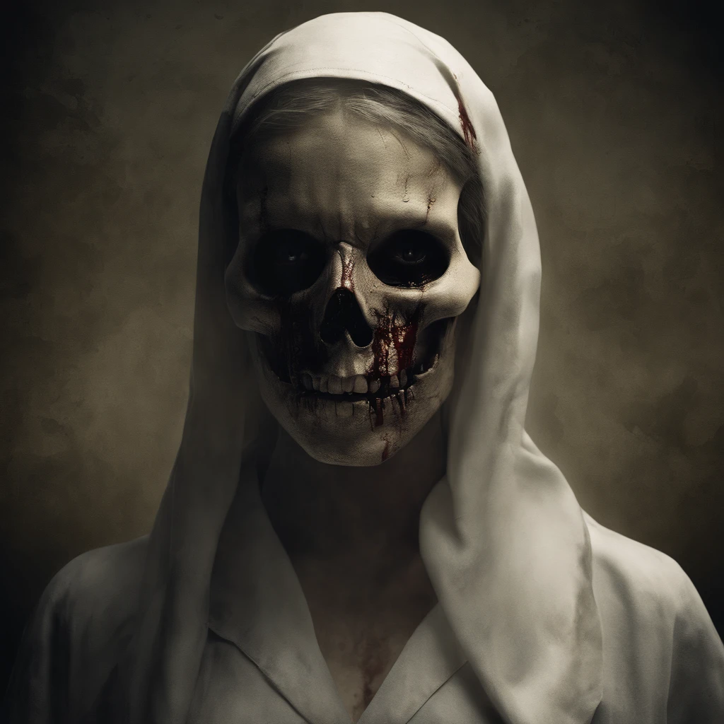 (best quality,4k,8k,highres,masterpiece:1.2), ultra-detailed, (realistic,photorealistic,photo-realistic:1.37), nurse with face covered in bandages and blood, holding a human skull in hand, medical professional, dark and dramatic lighting, intense gaze, gloomy atmosphere, detailed facial features, long eyelashes, blood stains on the bandages, serene but eerie expression, vintage sepia tone, horror genre