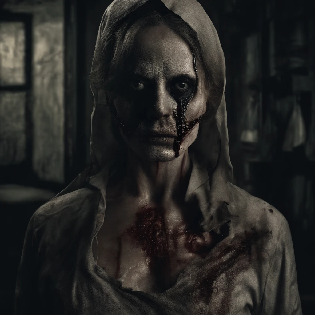 (best quality,4k,8k,highres,masterpiece:1.2), ultra-detailed, (realistic,photorealistic,photo-realistic:1.37), nurse with face covered in bandages and blood, holding a human skull in hand, medical professional, dark and dramatic lighting, intense gaze, gloomy atmosphere, detailed facial features, long eyelashes, blood stains on the bandages, serene but eerie expression, vintage sepia tone, horror genre